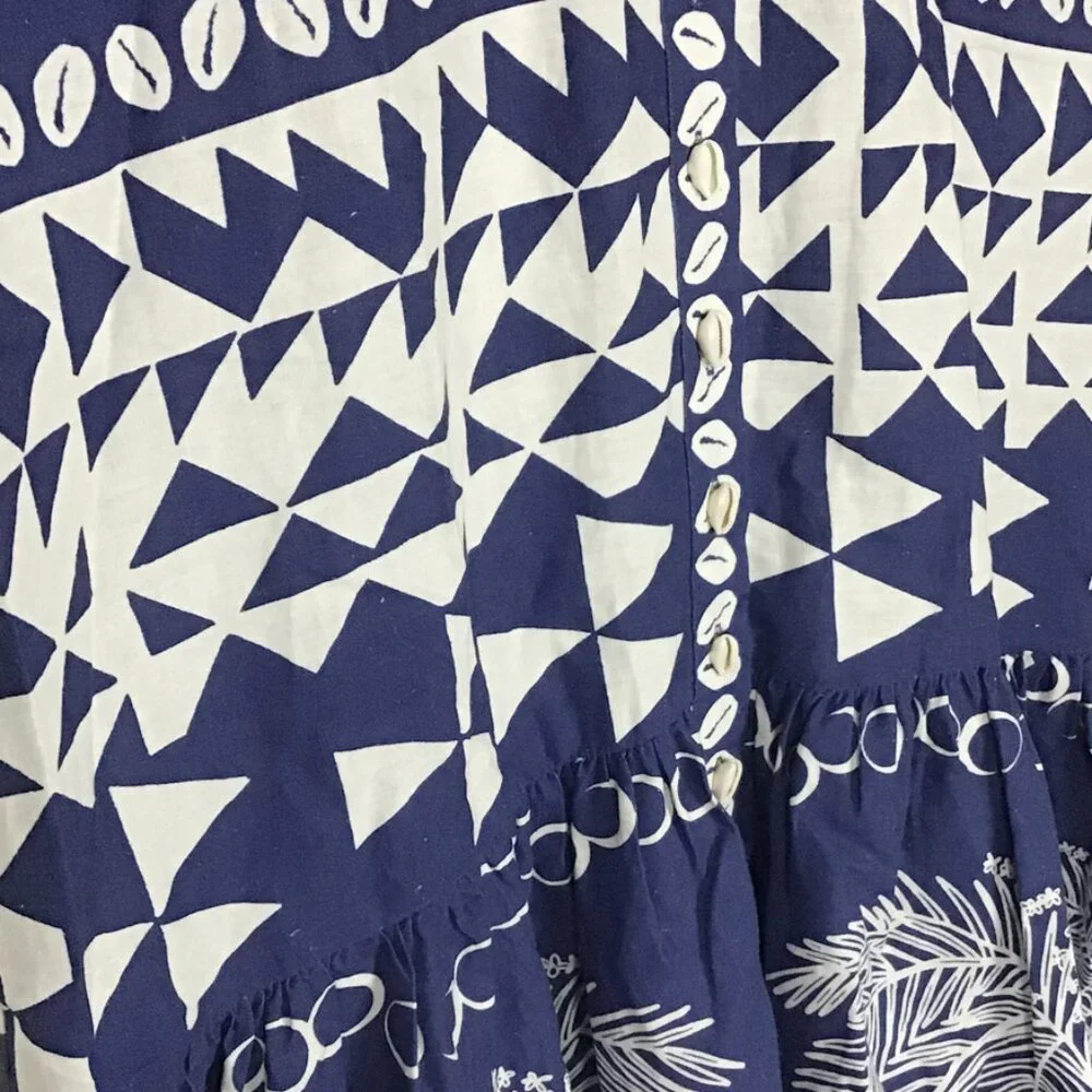 Farm Rio Mixed Ondina Blue Midi Cut out Ruched Sided Buttoned Down Maxi Dress - Picture 7 of 16